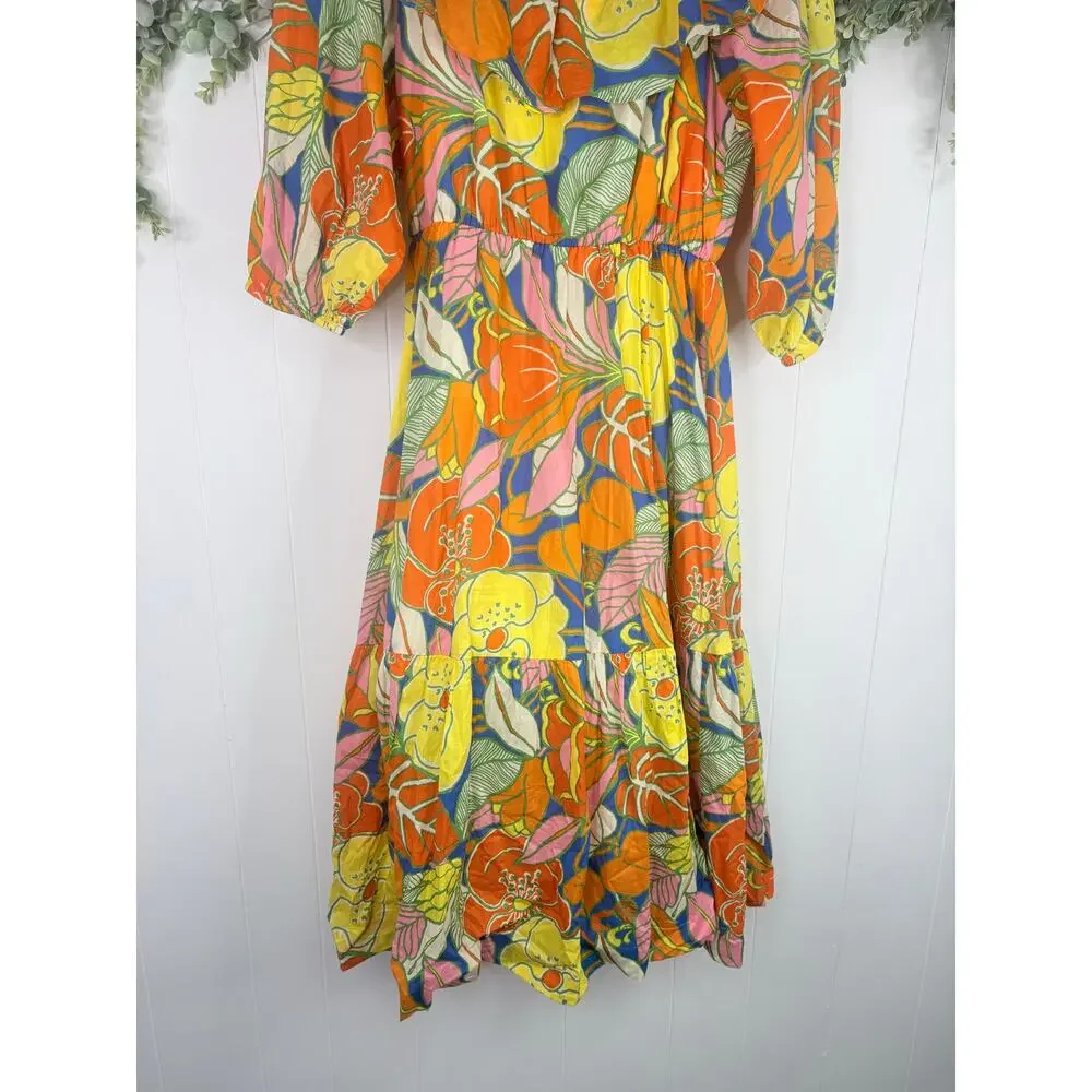 J. Crew Tropical Floral Midi Dress Small Ruffle Off Shoulder Summer Vacation